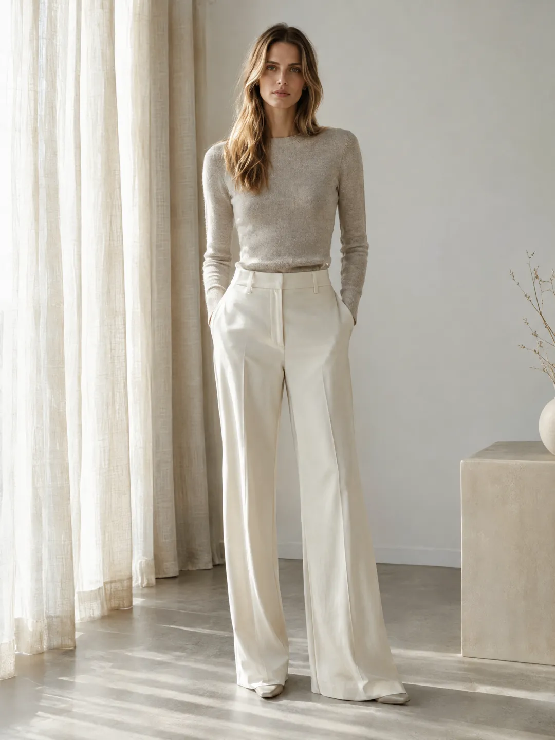 Tailored ivory wide-leg trousers and oat knit in a minimal room — SAIRAÉ Luxe capsule wardrobe