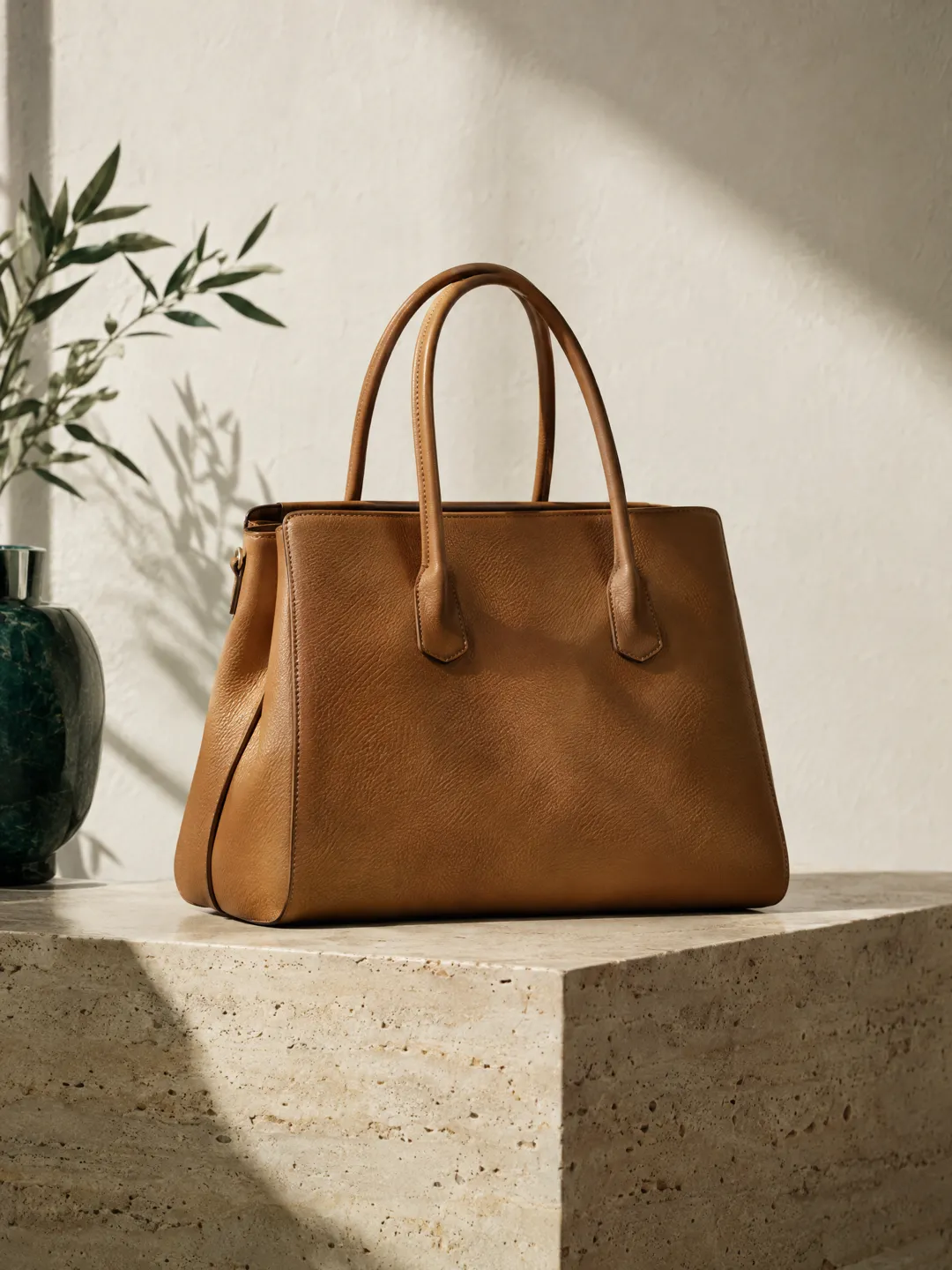 Structured tan calfskin tote on a travertine plinth — SAIRAÉ Luxe leather bag edit